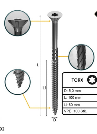 FORTE Tools Vis à bois universelle 5,0 x 100 mm T25, Argent galvanisé, Tête fraisée Torx, Filetage partiel, 100 pcs. (000040113878)