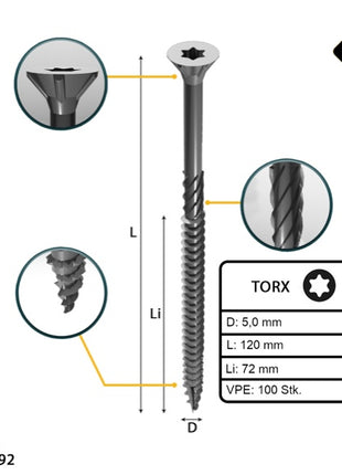 FORTE Tools Vis à bois universelle 5,0 x 120 mm T25, Argent galvanisé, Tête fraisée Torx, Filetage partiel, 100 pcs. (000040113879)