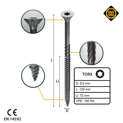 FORTE Tools Vis à bois universelle 5,0 x 120 mm T25, Argent galvanisé, Tête fraisée Torx, Filetage partiel, 100 pcs. (000040113879)