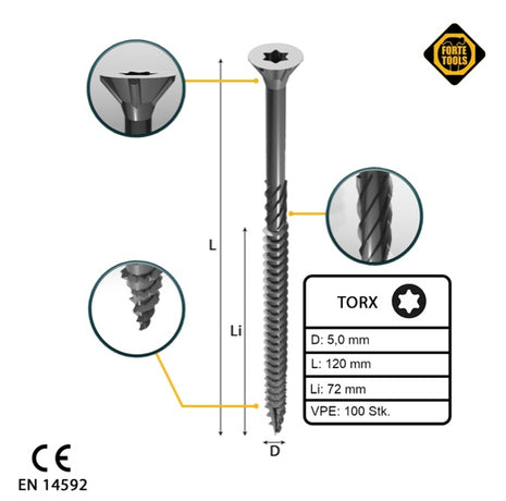 FORTE Tools Vis à bois universelle 5,0 x 120 mm T25, Argent galvanisé, Tête fraisée Torx, Filetage partiel, 100 pcs. (000040113879)