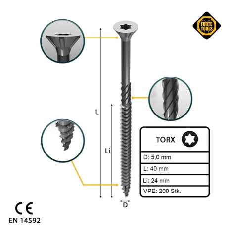 FORTE Tools Universal Holzschraube 5,0 x 40 mm T25 200 Stk. ( 000040113880 ) silber verzinkt Torx Senkkopf Teilgewinde - Toolbrothers