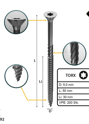 FORTE Tools Vis à bois universelle 5,0 x 50 mm T25, Argent galvanisé, Tête fraisée Torx, Filetage partiel, 200 pcs. (000040113881)