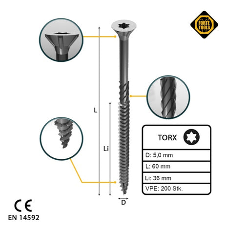 FORTE Tools Vis à bois universelle 5,0 x 60 mm T25, Argent galvanisé, Tête fraisée Torx, Filetage partiel, 200 pcs. (000040113882)