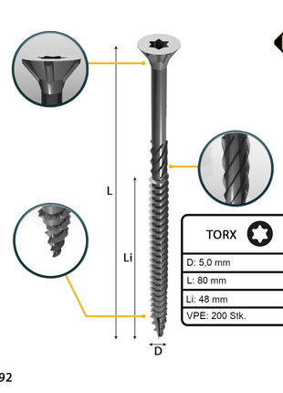 FORTE Tools Vis à bois universelle 5,0 x 80 mm T25, Argent galvanisé, Tête fraisée Torx, Filetage partiel, 200 pcs. (000040113884)