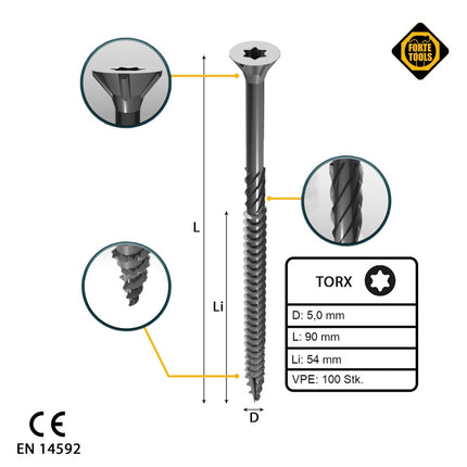 FORTE Tools Vis à bois universelle 5,0 x 90 mm T25, Argent galvanisé, Tête fraisée Torx, Filetage partiel, 100 pcs. (000040113885)