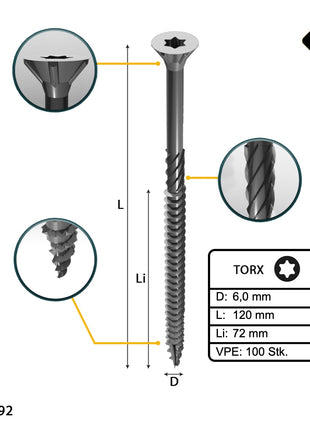 FORTE Tools Vis à bois universelle 6,0 x 120 mm T30, Argent galvanisé, Tête fraisée Torx, Filetage partiel, 100 pcs. (000040113887)