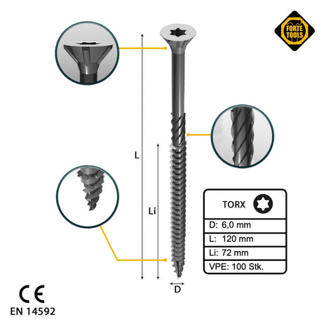 FORTE Tools Vis à bois universelle 6,0 x 120 mm T30, Argent galvanisé, Tête fraisée Torx, Filetage partiel, 100 pcs. (000040113887)