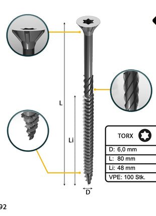 FORTE Tools Vis à bois universelle 6,0 x 80 mm T30, Argent galvanisé, Tête fraisée Torx, Filetage partiel, 100 pcs. (000040113891)