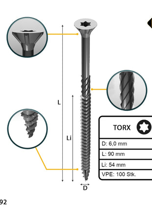 FORTE Tools Vis à bois universelle 6,0 x 90 mm T30, Argent galvanisé, Tête fraisée Torx, Filetage partiel, 100 pcs. (000040113892)