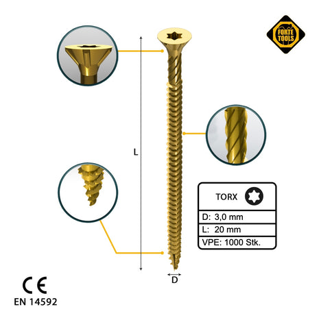 FORTE Tools Vis à bois universelles 3,0 x 20 mm T10, Galvanisée jaune, Tête fraisée Torx, Filetage total, 1000 pcs.