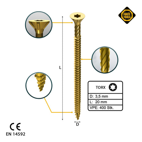 FORTE Tools Universal Holzschraube 3,5 x 20 mm T15 400 Stk. ( 2x 000051399466 ) gelb verzinkt Torx Senkkopf Vollgewinde - Toolbrothers