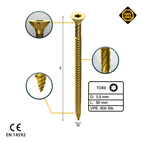 FORTE Tools Universal Holzschraube 3,5 x 50 mm T15 800 Stk. ( 4x 000051399471 ) gelb verzinkt Torx Senkkopf Vollgewinde - Toolbrothers