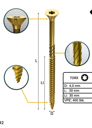 FORTE Tools Universal Holzschraube 4,0 x 50 mm T20 400 Stk. ( 2x 000051399475 ) gelb verzinkt Torx Senkkopf Teilgewinde - Toolbrothers