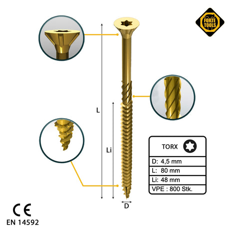 FORTE Tools Vis à bois universelle 4,5 x 80 mm T20, Galvanisée jaune, Tête fraisée Torx, Filetage partiel, 800 pcs. (4X 000051399482)