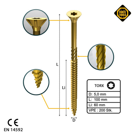 FORTE Tools Universal Holzschraube 5,0 x 100 mm T25 200 Stk. ( 2x 000051399483 ) gelb verzinkt Torx Senkkopf Teilgewinde