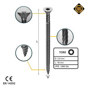 FORTE Tools Vis à bois universelle 3,0 x 16 mm T10, Argent galvanisé, Tête fraisée Torx, Filetage total, 1000 pcs. (2x 000040113856)