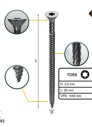 FORTE Tools Vis à bois universelle 3,0 x 20 mm T10, Argent galvanisé, Tête fraisée Torx, Filetage total, 1000 pcs.