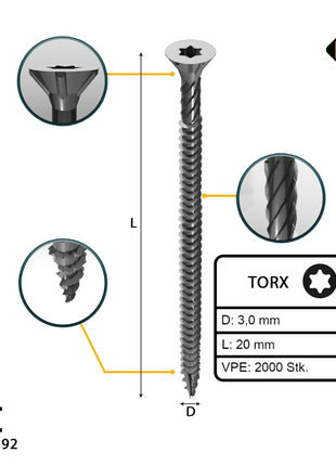 FORTE Tools Vis à bois universelle 3,0 x 20 mm T10, Argent galvanisé, Tête fraisée Torx, Filetage total, 2000 pcs. (4x 000040113857)