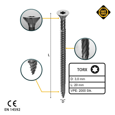 FORTE Tools Tornillo universal para madera 3,0 x 20 mm T10 2000 piezas (4x 000040113857) cabeza avellanada Torx galvanizada en plata rosca completa