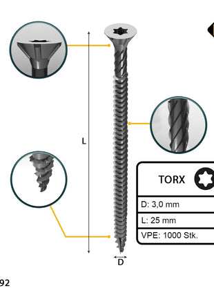 FORTE Tools Vis à bois universelle 3,0 x 25 mm T10, Argent galvanisé, Tête fraisée Torx, Filetage total, 1000 pcs. (2x 000040113858)