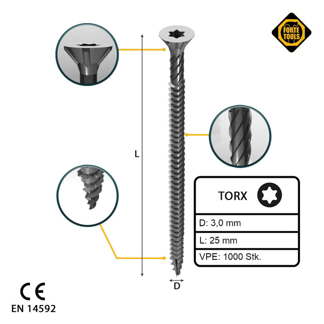 FORTE Tools Vis à bois universelle 3,0 x 25 mm T10, Argent galvanisé, Tête fraisée Torx, Filetage total, 1000 pcs. (2x 000040113858)