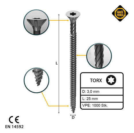 FORTE Tools Vis à bois universelle 3,0 x 25 mm T10, Argent galvanisé, Tête fraisée Torx, Filetage total, 1000 pcs. (2x 000040113858)