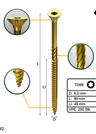 FORTE Tools Vis à bois universelle 6,0 x 80 mm T30, Galvanisée jaune, Tête fraisée Torx, Filetage partiel, 200 pcs. (2x 000051399496)