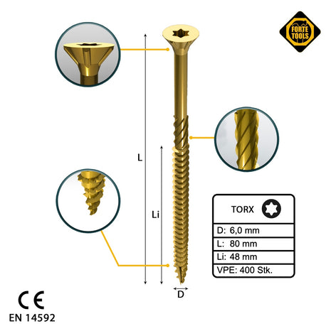 FORTE Tools Vis à bois universelle 6,0 x 80 mm T30, Galvanisée jaune, Tête fraisée Torx, Filetage partiel, 400 pcs. (4x 000051399496)