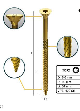 FORTE Tools Vis à bois universelle 6,0 x 90 mm T30, Galvanisée jaune, Tête fraisée Torx, Filetage partiel, 400 pcs. (4x 000051399497)