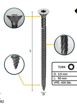 FORTE Tools Vis à bois universelle 3,5 x 50 mm T15 - Argent galvanisé - Tête Torx fraisée - Filetage complet 400 pcs. (2x 000040113866)