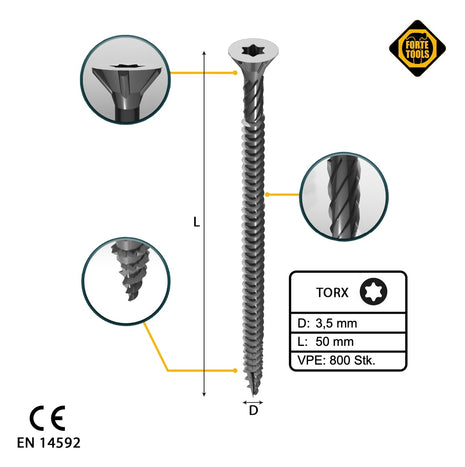 FORTE Tools tornillo universal para madera 3,5 x 50 mm T15 800 piezas (4x 000040113866) galvanizado plateado cabeza avellanada Torx rosca completa