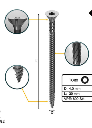 FORTE Tools tornillo universal para madera 4,0 x 30 mm T20 800 piezas (4x 000040113868) galvanizado en plata Torx cabeza avellanada rosca completa