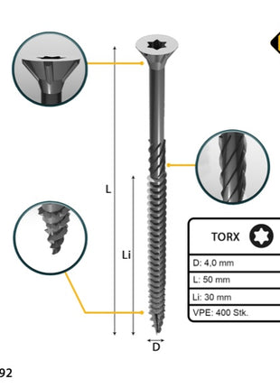 FORTE Tools Vis à bois universelle 4,0 x 50 mm T20 400 pièces (2x 000040113870) zingué argent Torx tête fraisée filetage partiel