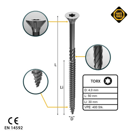 FORTE Tools Universal Holzschraube 4,0 x 50 mm T20 400 Stk. ( 2x 000040113870 ) silber verzinkt Torx Senkkopf Teilgewinde