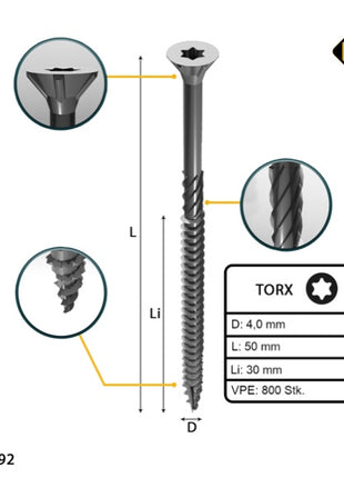 FORTE Tools Universal Holzschraube 4,0 x 50 mm T20 800 Stk. ( 4x 000040113870 ) silber verzinkt Torx Senkkopf Teilgewinde