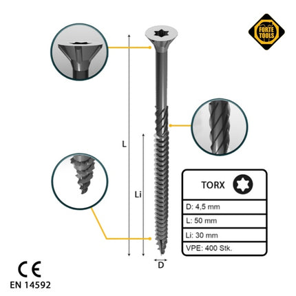FORTE Tools Vis à bois universelle 4,5 x 50 mm T20, Argent galvanisé, Tête fraisée Torx, Filetage partiel, 400 pcs. (2x 000040113874)