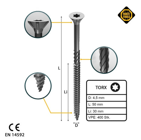 FORTE Tools Tornillo universal para madera 4,5 x 50 mm T20 400 piezas (2x 000040113874) galvanizado en plata Torx cabeza avellanada rosca parcial