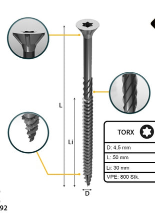 FORTE Tools Vis à bois universelle 4,5 x 50 mm T20, Argent galvanisé, Tête fraisée Torx, Filetage partiel, 800 pcs. (4x 000040113874)