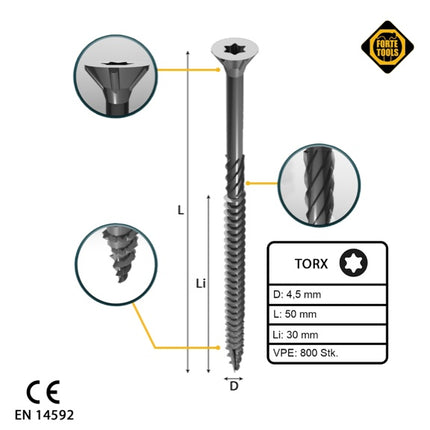 FORTE Tools Vis à bois universelle 4,5 x 50 mm T20, Argent galvanisé, Tête fraisée Torx, Filetage partiel, 800 pcs. (4x 000040113874)