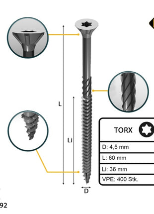 FORTE Tools Vis à bois universelle 4,5 x 60 mm T20, Argent galvanisé, Tête fraisée Torx, Filetage partiel, 400 pcs. (2x 000040113875)