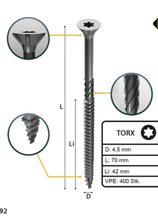 FORTE Tools Vis à bois universelle 4,5 x 70 mm T20 - 400 pièces (2x 000040113876) zingué argent Torx tête fraisée filetage partiel