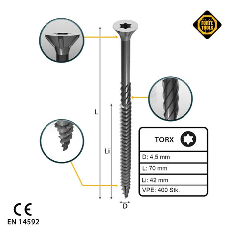 FORTE Tools tornillo universal para madera 4,5 x 70 mm T20 400 piezas (2x 000040113876) galvanizado en plata Torx cabeza avellanada rosca parcial