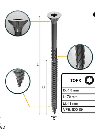 FORTE Tools Vis à bois universelle 4,5x70 mm, T20, Argent zingué, Torx, Tête fraisée, Filetage partiel - 800 pcs. (4x 000040113876)