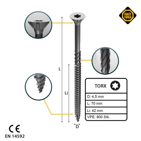 FORTE Tools tornillo universal para madera 4,5 x 70 mm T20 800 piezas (4x 000040113876) galvanizado en plata Torx cabeza avellanada rosca parcial