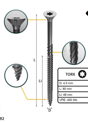 FORTE Tools Vis à bois universelle 4,5 x 80 mm T20, Argent galvanisé, Tête fraisée Torx, Filetage partiel, 400 pcs. (2x 000040113877)