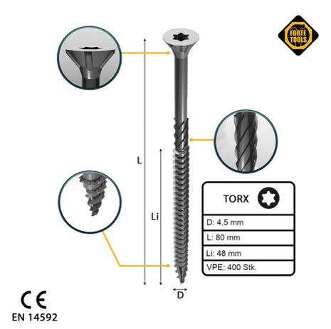 FORTE Tools Vis à bois universelle 4,5 x 80 mm T20, Argent galvanisé, Tête fraisée Torx, Filetage partiel, 400 pcs. (2x 000040113877)