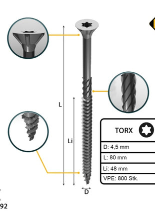 FORTE Tools vis à bois universelle 4,5 x 80 mm T20 800 pièces (4x 000040113877) tête fraisée Torx galvanisée argent filetage partiel