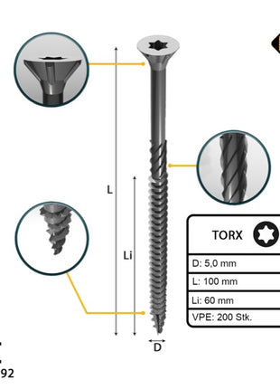 FORTE Tools Vis à bois universelle 5,0 x 100 mm T25, Tête fraisée Torx, Filetage partiel, zingué argent, 200 pcs. (2x 000040113878)