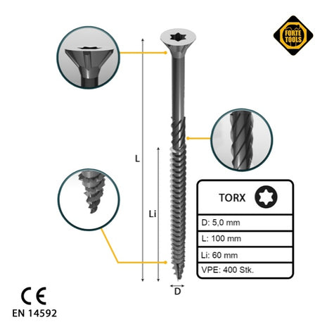 FORTE Tools Tornillo universal para madera 5,0 x 100 mm T25 400 piezas (4x 000040113878) galvanizado en plata Torx cabeza avellanada rosca parcial