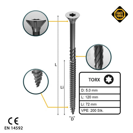 FORTE Tools Vis à bois universelle 5,0 x 120 mm T25, Argent galvanisé, Tête fraisée Torx, Filetage partiel, 200 pcs. (2x 000040113879)